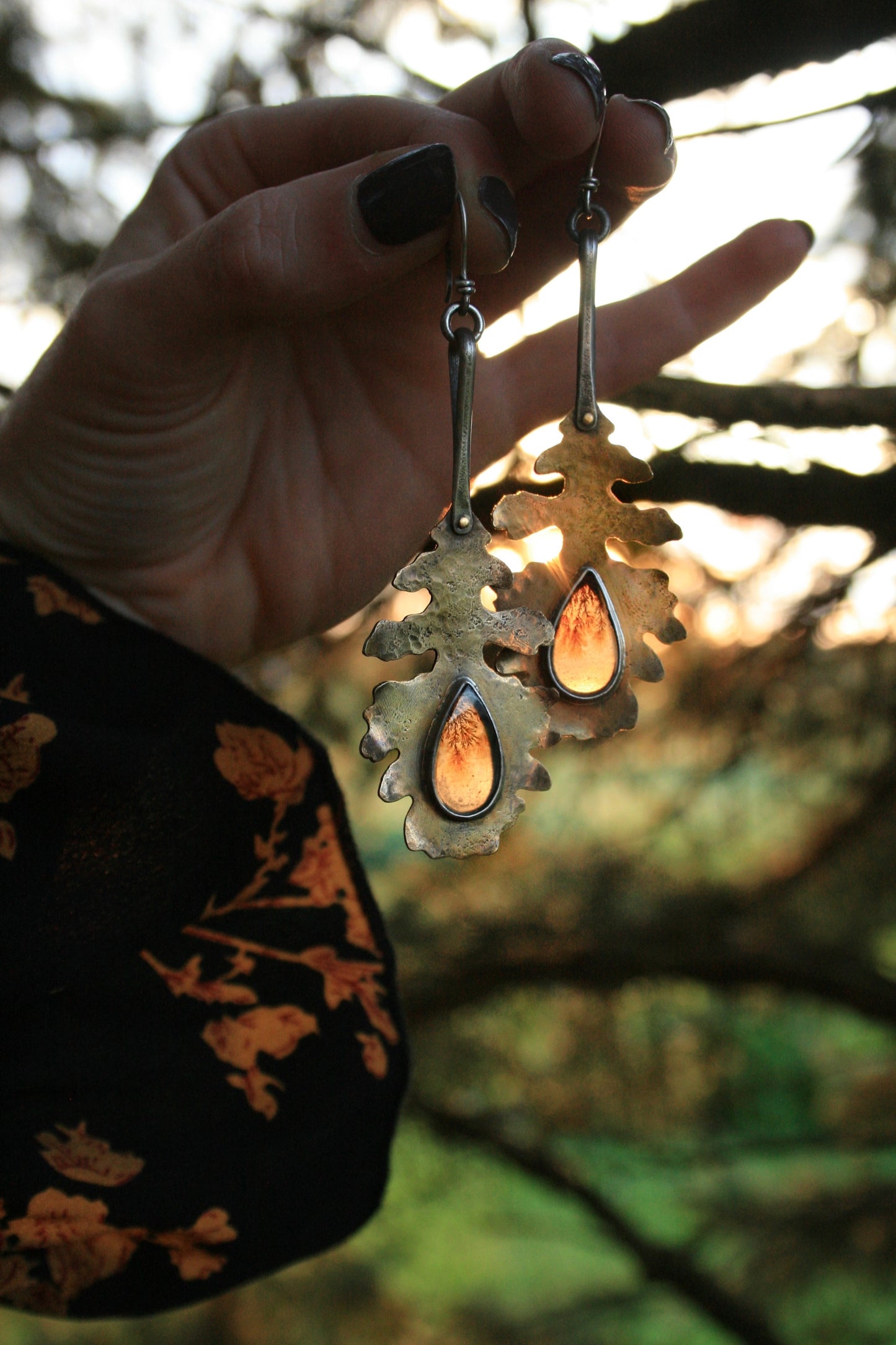 Bur Oak + Dendritic Agate Earrings