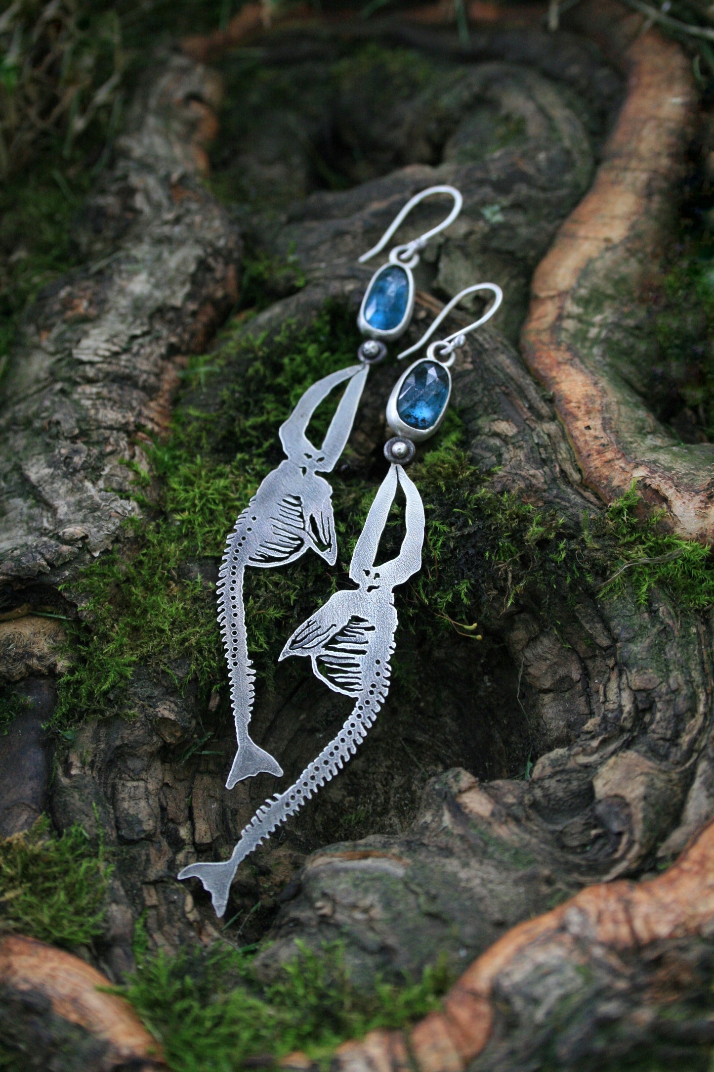 Kyanite + Whale Skeleton Earrings