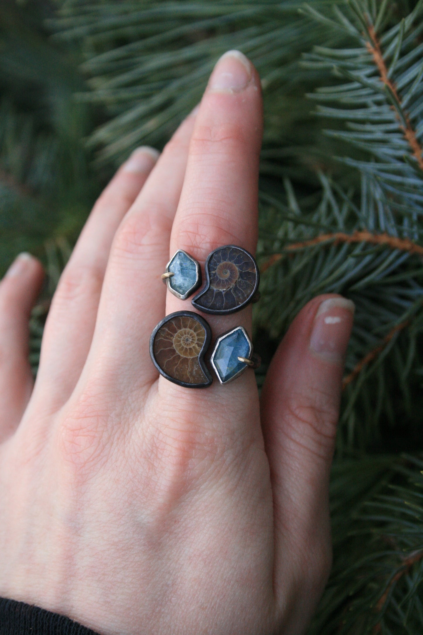Ammonite + Aquamarine Rings