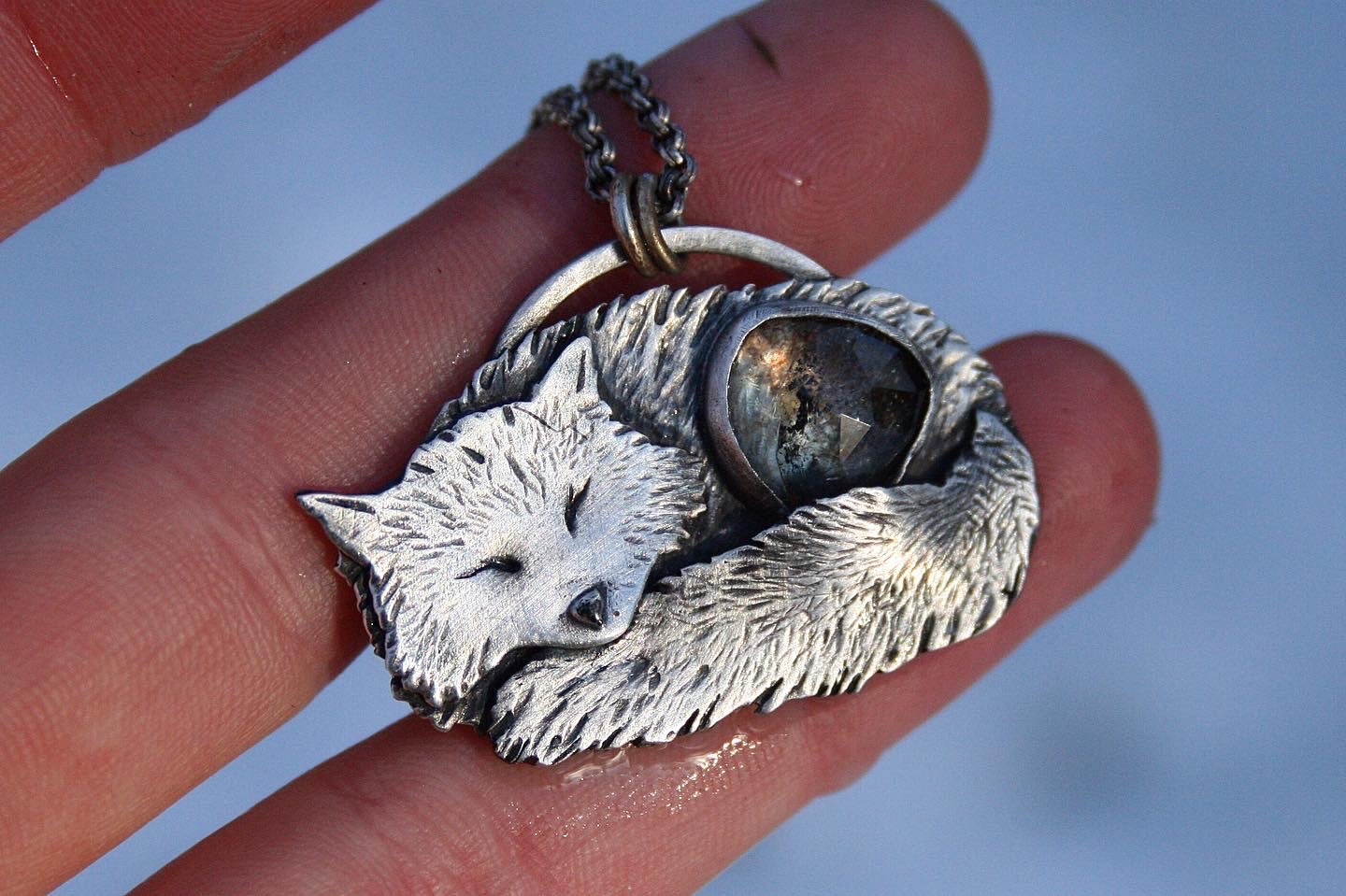 Arctic Fox + Aquamarine Necklace // Custom chain length