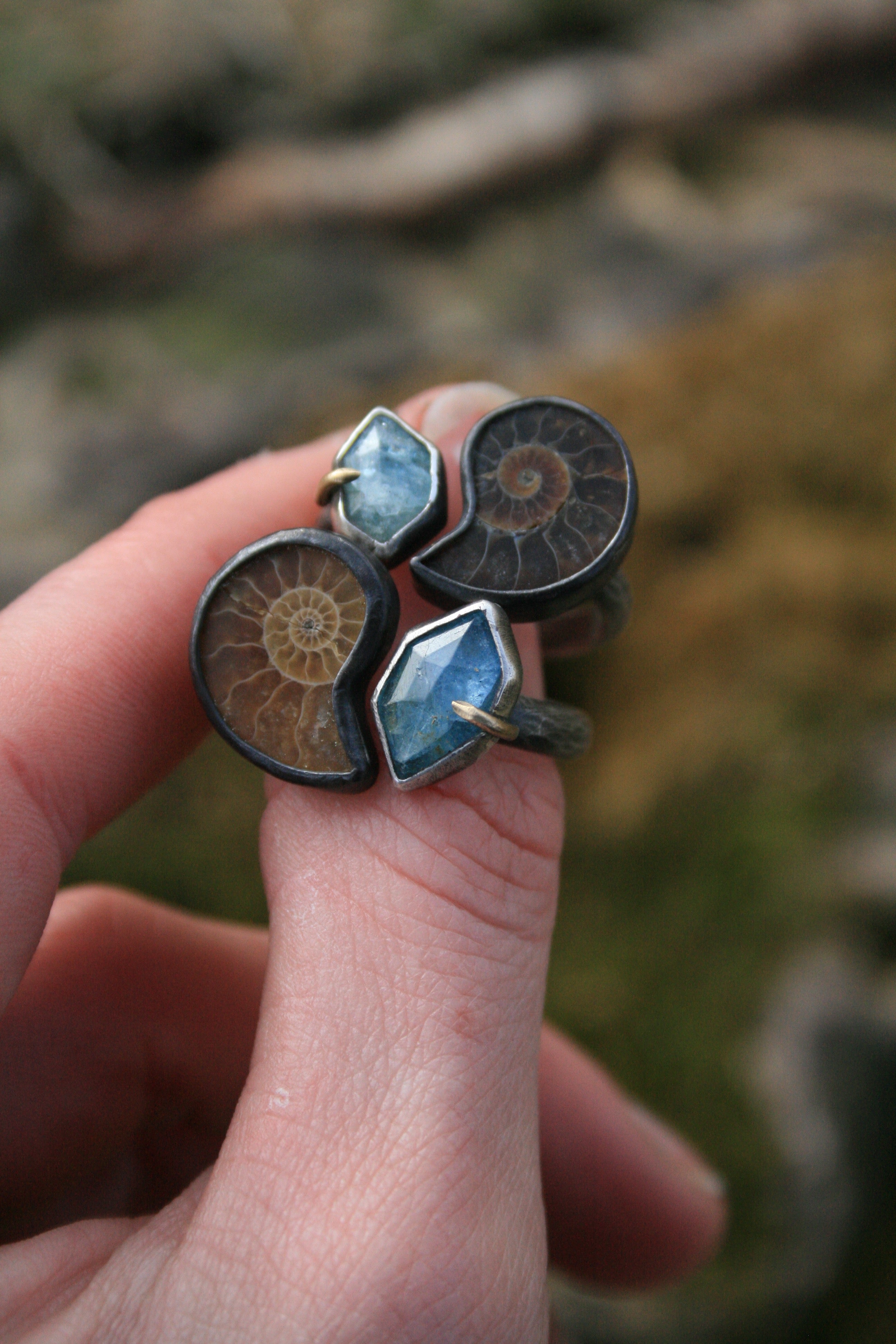 Ammonite + Aquamarine Rings
