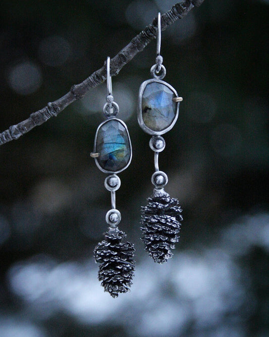 Labradorite + Pinecone Earrings