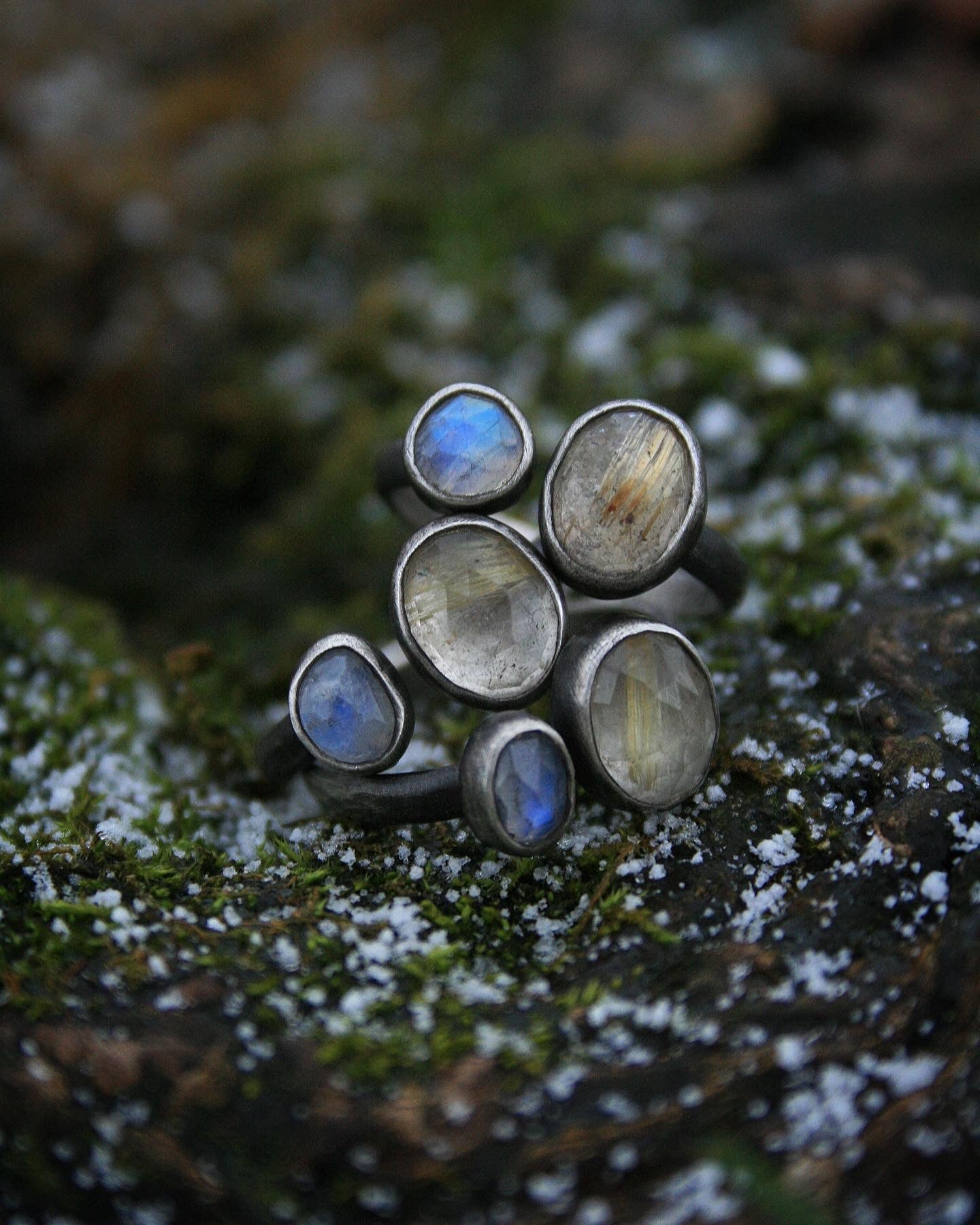 Rutilated Quartz + Moonstone Rings